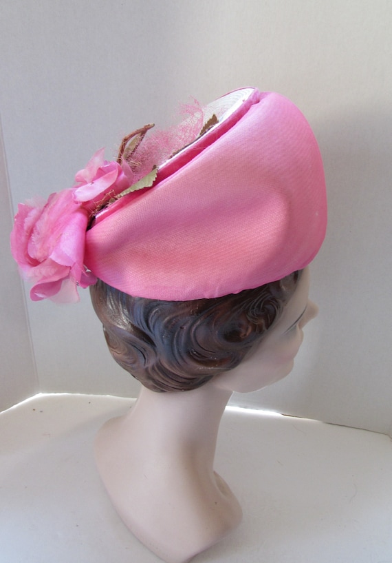 Vintage Hat Peony Pink Chiffon over Straw Pink Ro… - image 4