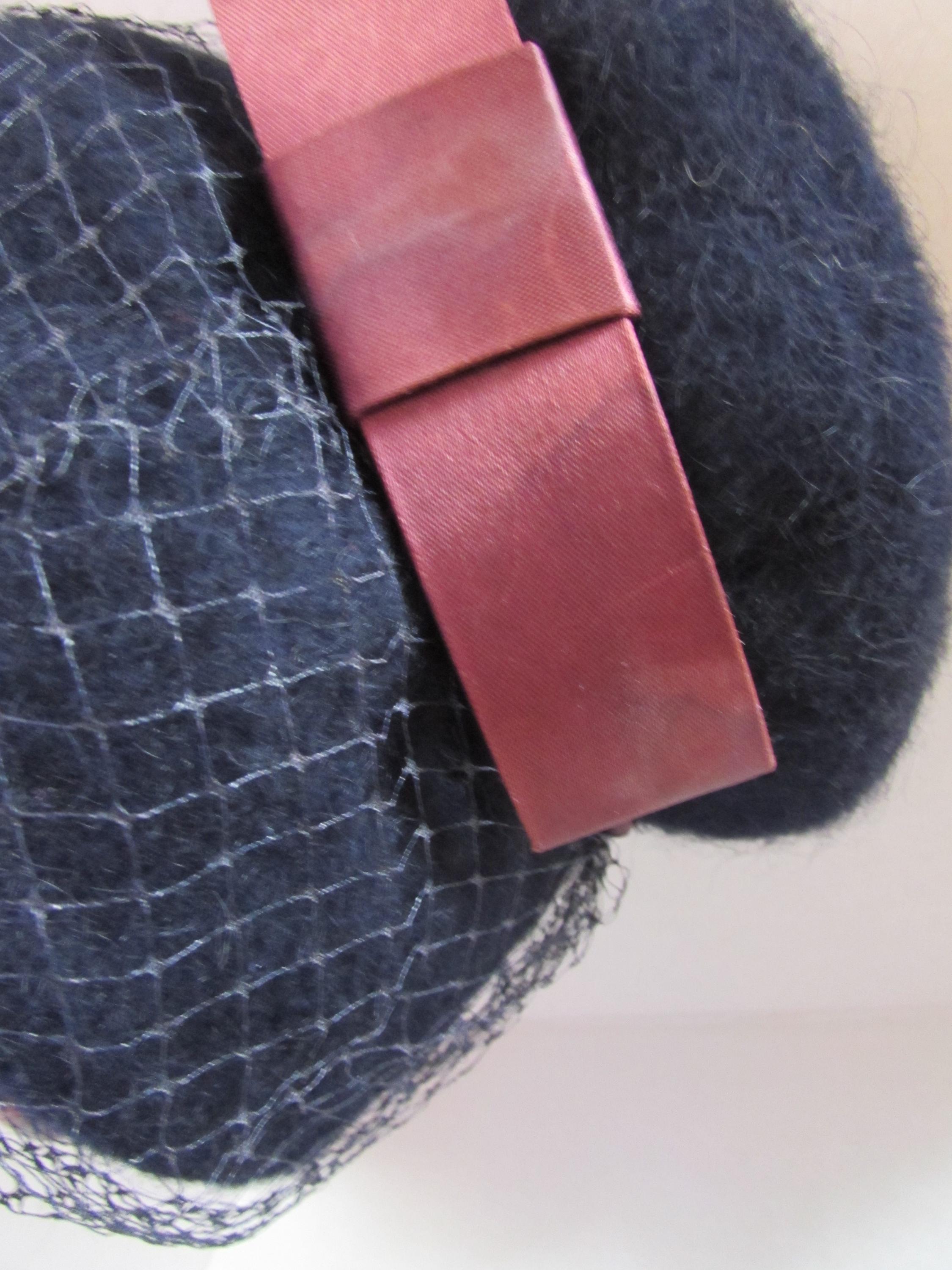 SALE  Vintage Hat  Bucket or Lampshade Style Navy Felt Burgundy Bow Burgundy Vintage Lady Felt Hat With Bow and Stitching  main image 2
