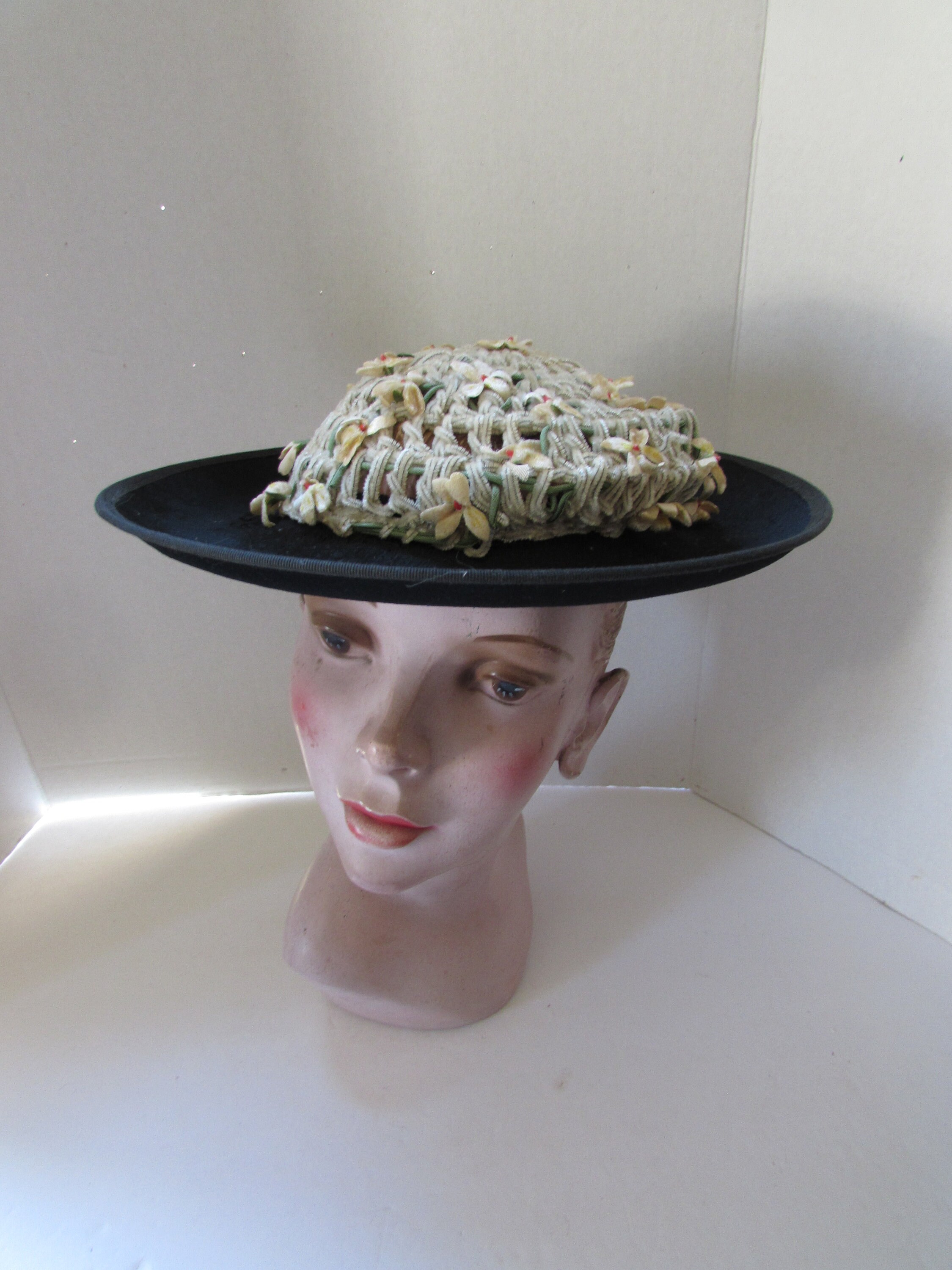 Vintage Importa Black Velvet Flower Wide Brim Hat, Cotton Vintage Black Hat with Small Flowers, Straw with Velvet late  main image 4