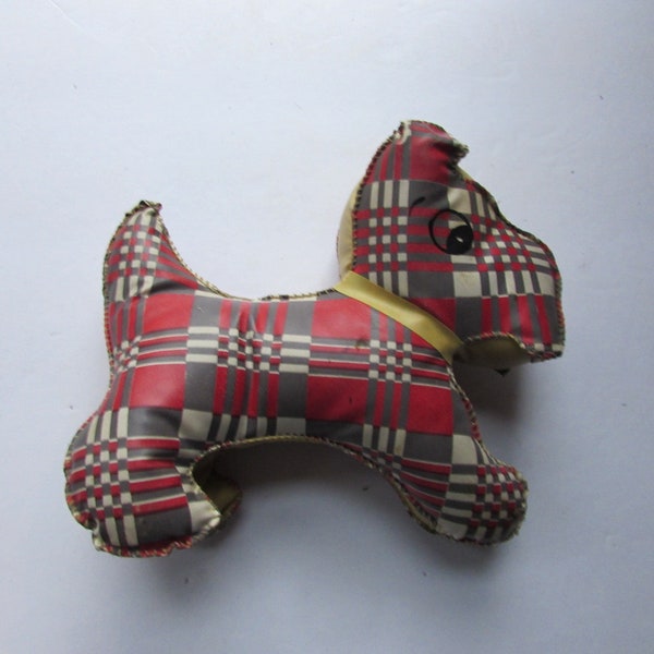 Vintage Toy Cute Dog Stuffed Animal Vinyl Toy Red Gray Plaid Yellow Body Painted Features Mid Century Toy