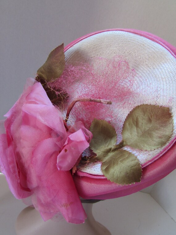 Vintage Hat Peony Pink Chiffon over Straw Pink Ro… - image 3