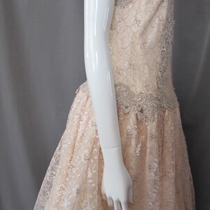 May include: A sleeveless, blush-colored lace dress with a scalloped hem and a delicate floral pattern. The dress is fitted at the bodice and flows out into a full skirt.