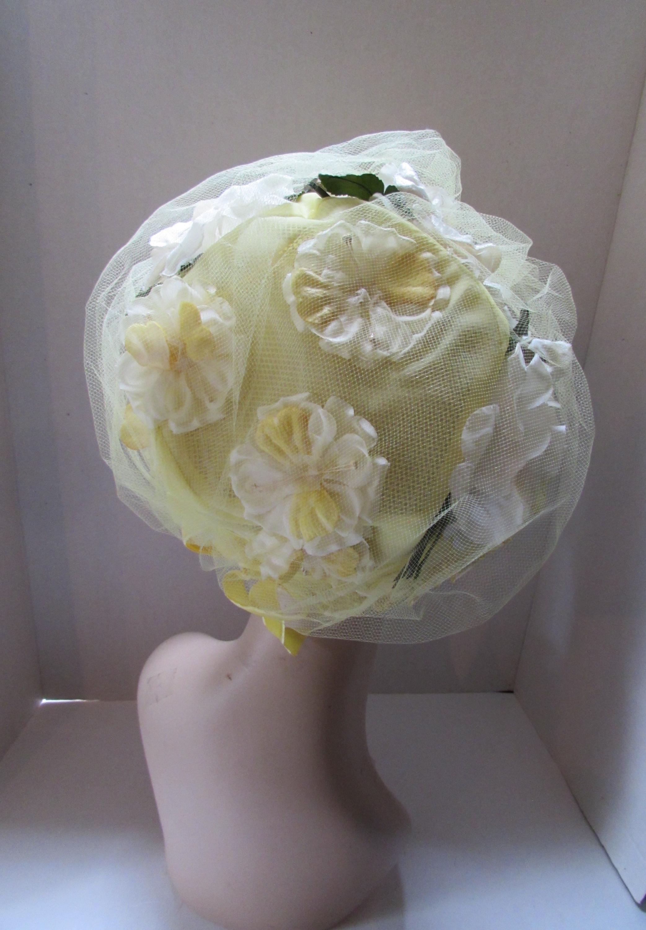 Vintage 1960 Era Bubble Hat Lemon Yellow Vintage 1960s Bouffant Hat: Lemon Yellow Cello, White Flower  main image 3