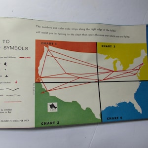 May include: A vintage map of the United States divided into four sections, each labeled with a chart number. The map shows red lines connecting cities across the country, representing flight routes. The map also includes a key with symbols for cities, state capitals, flight kitchens, highways, and railroads. The text "ALL CHARTS SCALED 75 MILES PER INCH" is at the bottom of the map.