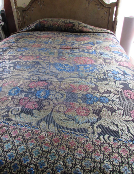 Woven Bed Spread Bohemian Influence Boho Style Jewel Colors Deep Blues Gold Persimmon Tapestry Weave Fringed Edges Early 20th Century