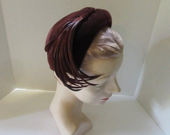 Vintage Hat Mid Century Style Henna Brown Velvet Cap Auburn Feather Marshall Field Lemington Brand