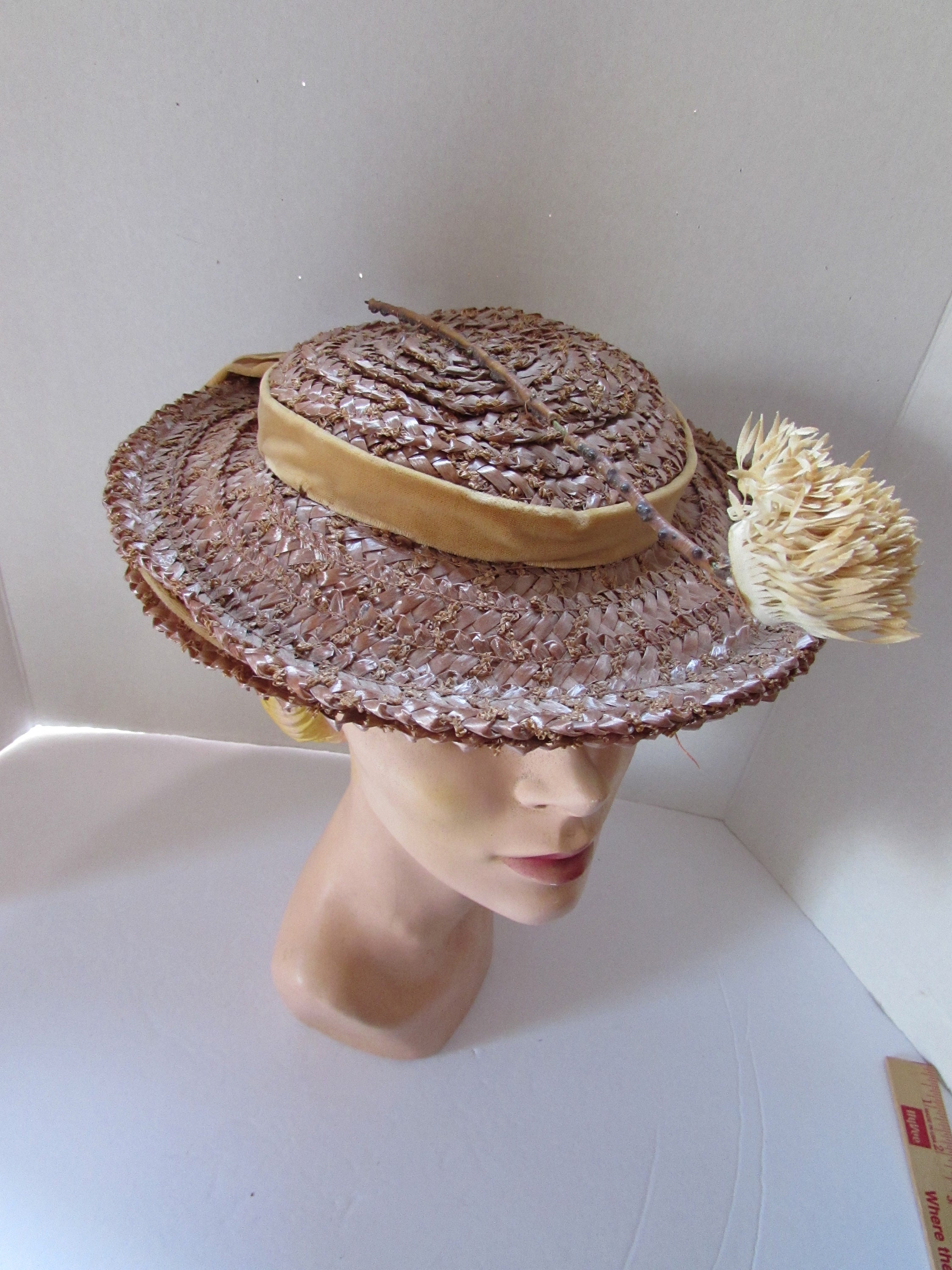 Vintage Hat Cocoa Tone Straw Raffia Blossom Caramel Velvet 