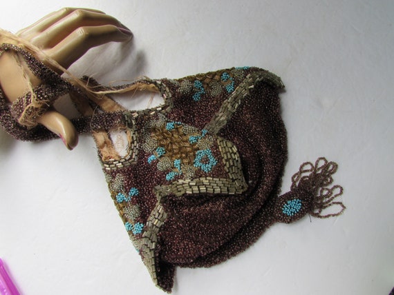 Antique Beaded Bag Pouch Style Purse Aubergine Beads Gold Silver