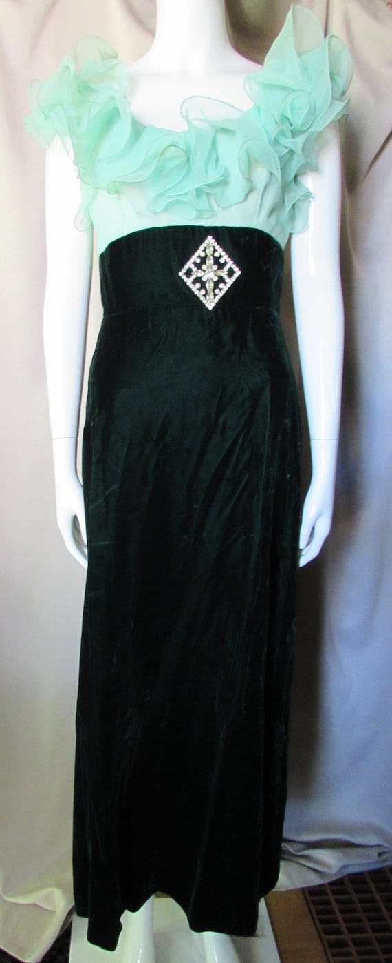 Vintage Evening Gown Mint Green Chiffon Ruffle Ne… - image 1