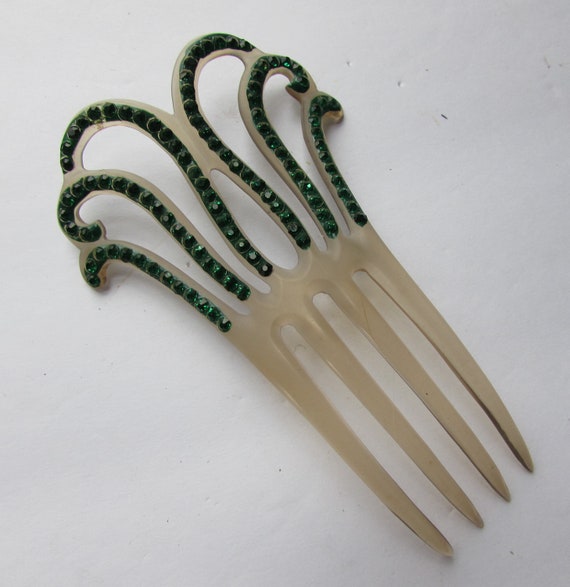 Deco Era Hair Comb Emerald Green Faceted Rhineston