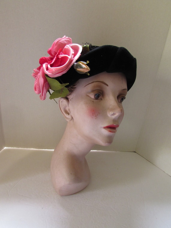 Vintage Hat Huge Rose Pink Red Rose Black Velour F