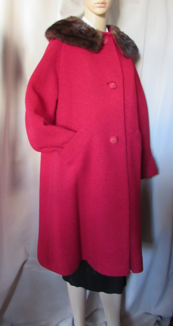 Vintage Coat Winter Coat Deep Red Wool Fur Collar… - image 1