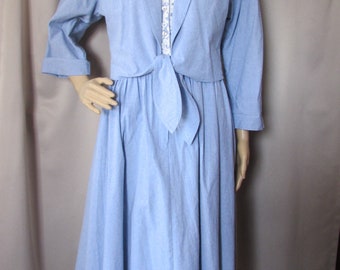 Cotton Dress 1980 Style Blue Chambray Lace Bodice Attached