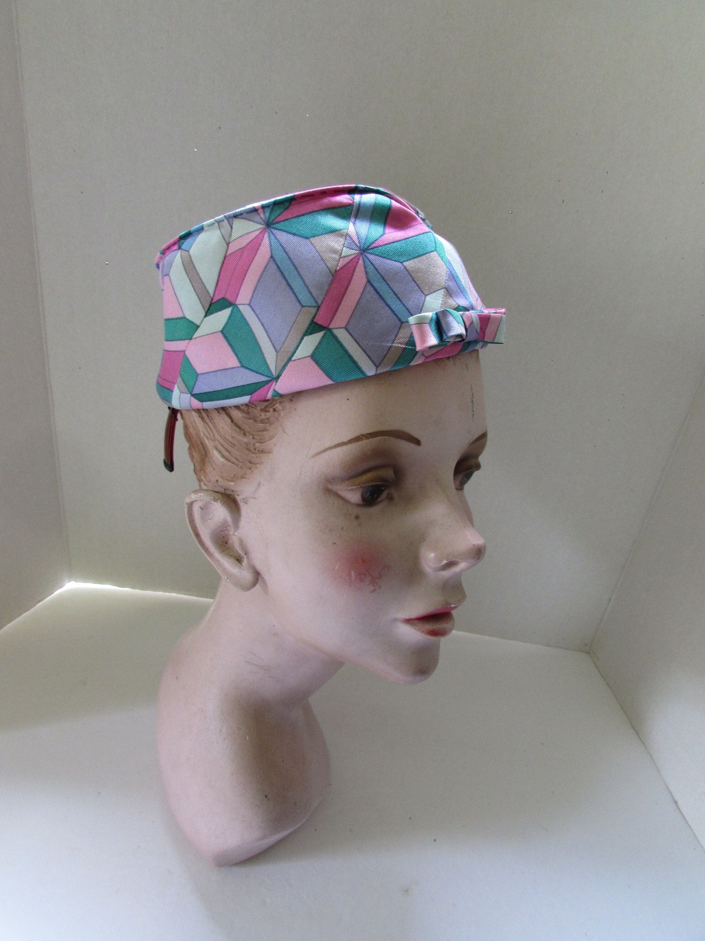 Round Pink & Green Net Pill Box Hat (8) Pillbox Round| Handmade Wool Felt Hats | éN Hats – enhats.com main image 2
