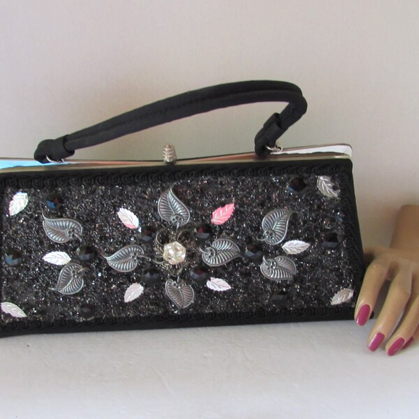 1960 Era Vintage Purse Hand Bag Caron of Houston Black Faille Hand Decorated Black Beading Silver Foil Leaves Gray Plastic Leaves