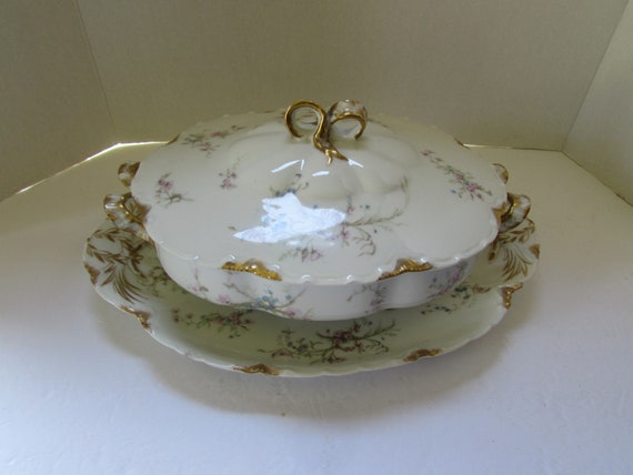 Haviland & Company リモージュ フランス 装飾皿 ピンクのバラ 青い花