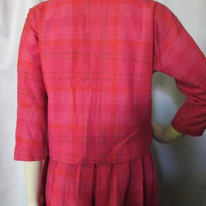 1960 Era Bobbie Brooks 2 Piece Suit Wool Blend Raspberry Plaid Boxy Jacket Fringed Neck Bow Dolman Sleeves Box Pleat Skirt Vintage Fashions image 8