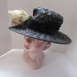 Mid Century Wide Brim Hat Black White Woven Cellophane White Roses Velvet Bow Vintage Hats Spring Hat Summer Hat High Fashion Hat image 8