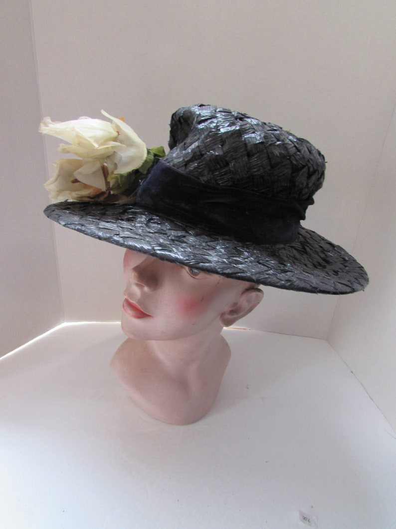Mid Century Wide Brim Hat Black White Woven Cellophane White Roses Velvet Bow Vintage Hats Spring Hat Summer Hat High Fashion Hat image 8