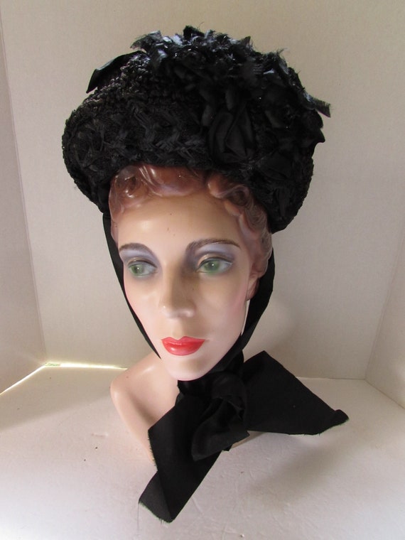 Antique Hats Victorian Era Mourning Bonnet Black Stra… - Gem