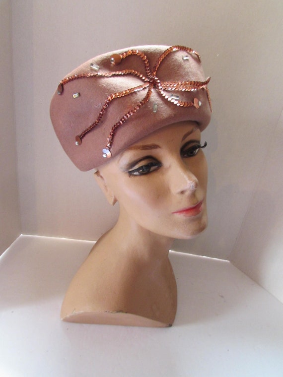 Vintage Felt Hat Cinnamon Color Copper Sequins Glenover Brand