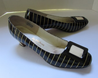 1970 Era Shoes Vintage Shoes Fenton Last Saks Fifth Avenue Black Patent Beige Stripe Square Toe Vintage Fashions