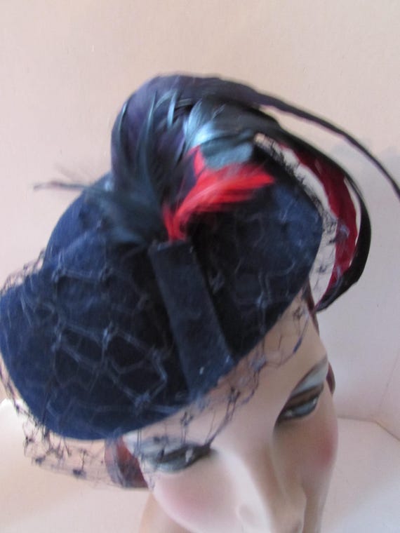 Navy Felt Hat Swooping Feathers Vintage Hat Ruth Ann Design  display picture 1