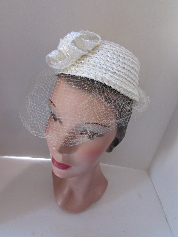 SALE Vintage Hat Little Topper White Cellophane C… - image 1