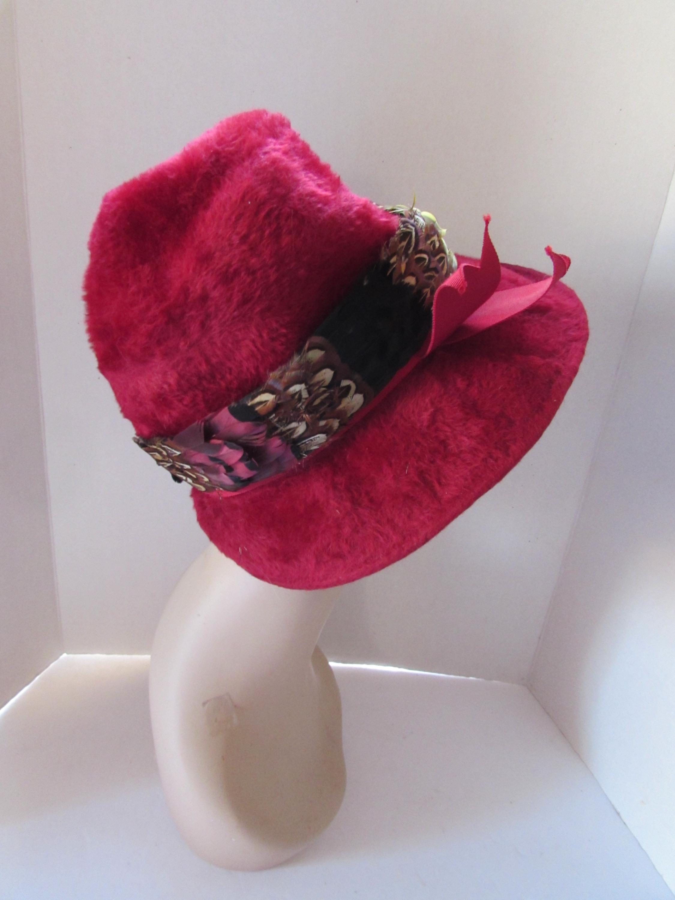 Bucket Style Hat Cranberry Velour 1970 Style Feather Band 