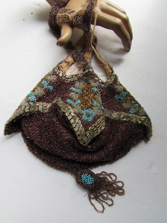 Antique Beaded Bag Pouch Style Purse Aubergine Be… - image 2