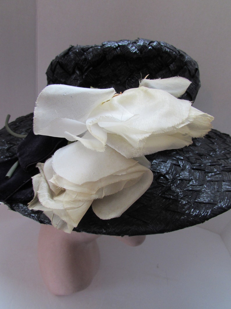 Mid Century Wide Brim Hat Black White Woven Cellophane White Roses Velvet Bow Vintage Hats Spring Hat Summer Hat High Fashion Hat image 3