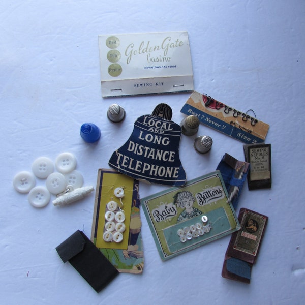 Vintage Sewing Baby Buttons Metal Thimbles Needle Packets Made in England Made in Germany Needles Sharps Sewing Kit Souvenir Golden Gate