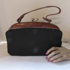 Vintage Purse Stylecraft Brand Black Fabric Chestnut Brown Frame Handle Strap Purse Zippered Inside Pocket Fall Purse Winter Purse