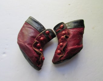 Antique Doll Shoes Leather Shoes High Button Style Black Trim Red Shoes Red Buttons Doll Accessories