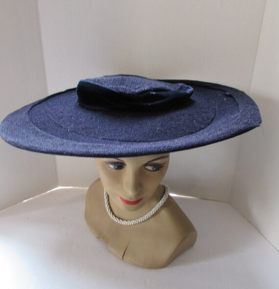 Vintage Hats Wide Brim Navy Fabric Velvet Ribbon … - image 2