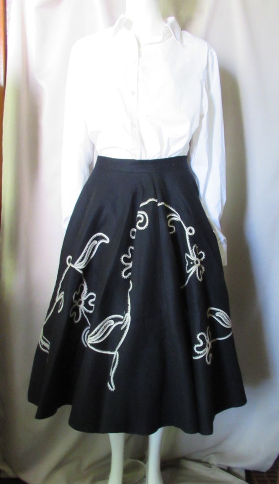 1950 Era Circle Skirt Black Felt White Soutache Fl