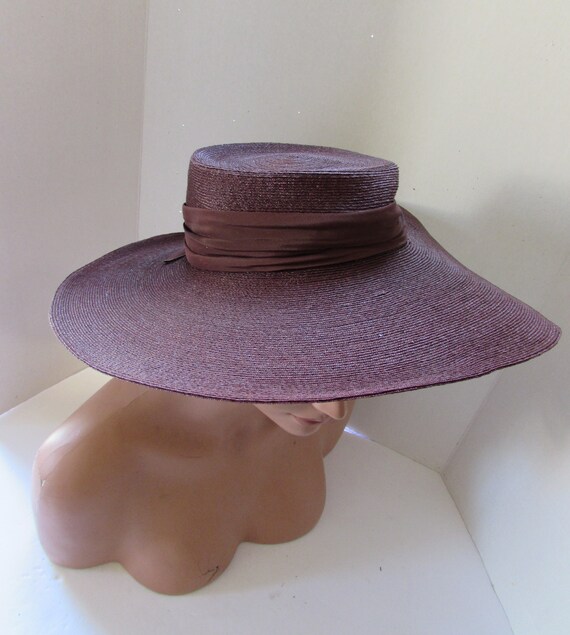 Vintage Hat Straw Hat Chocolate Brown Wide Brim H… - image 4