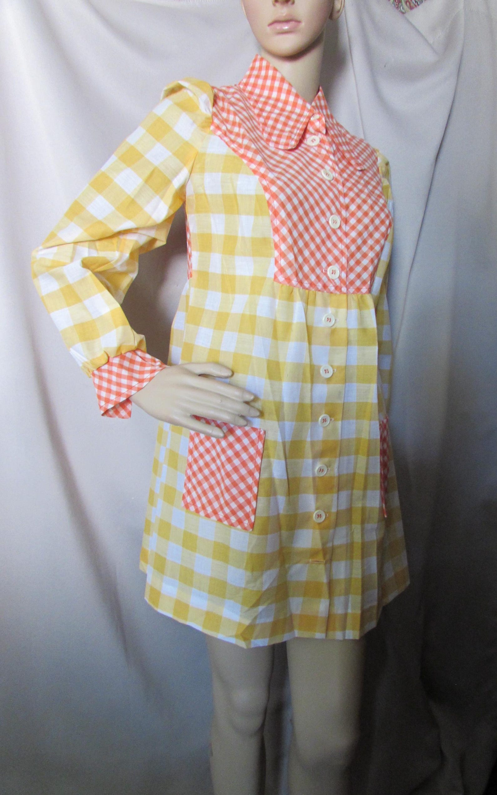 Vintage Dress Mini Dress 1970 Era Fashions Orange White Gingham Yellow — free download
