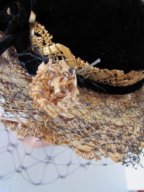 1930s Style Straw Hat, Black Velvet Open Crown, Large Bow - Etsy display picture 3