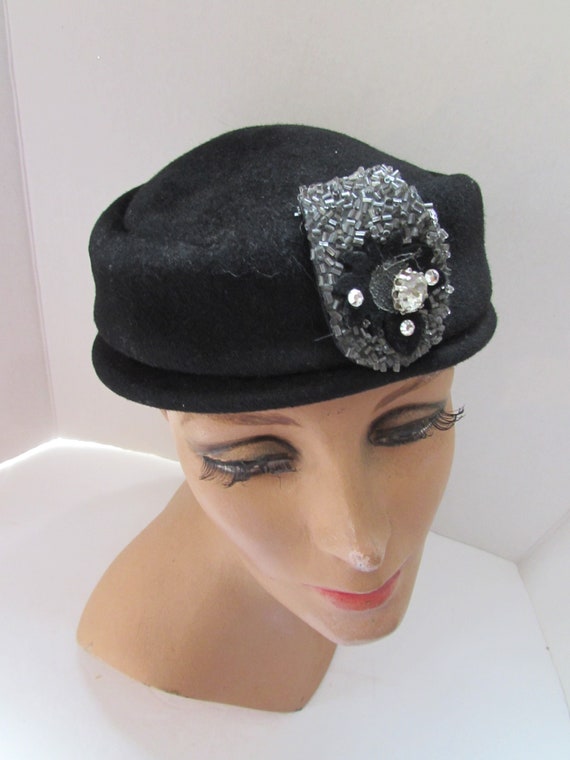 Black Felt Hat Beaded Decoration Charming Lady Gl… - image 1