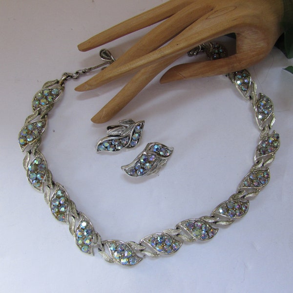 Vintage Jewelry Coro Brand Choker Necklace Clip Earrings Link Necklace Ice Blue Rhinestones Silver Tone Mount 1950 Era 1960 Style