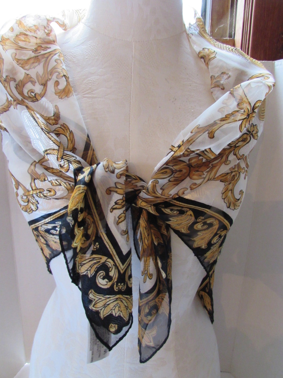 Vintage Scarf Liz Claiborne Byzantine Design Gold Scrolls Black