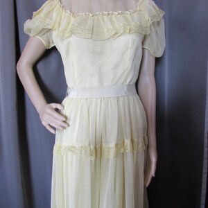 May include: A pale yellow vintage dress with a lace trim and a sheer overlay. The dress has a fitted bodice and a flowing skirt.