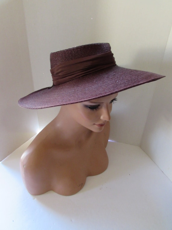 Vintage Hat Straw Hat Chocolate Brown Wide Brim H… - image 1