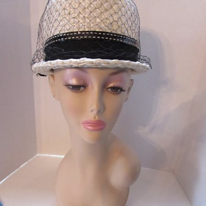 Mid Century Hat Bucket Hat White Millinery Cellophane Black Ribbon Band Del Bene Union Made Vintage Hats 1960 Era 1970 Style image 3