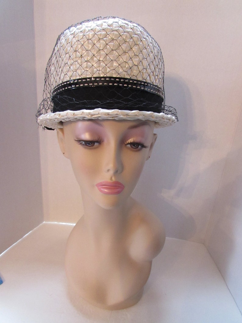 Mid Century Hat Bucket Hat White Millinery Cellophane Black Ribbon Band Del Bene Union Made Vintage Hats 1960 Era 1970 Style image 3