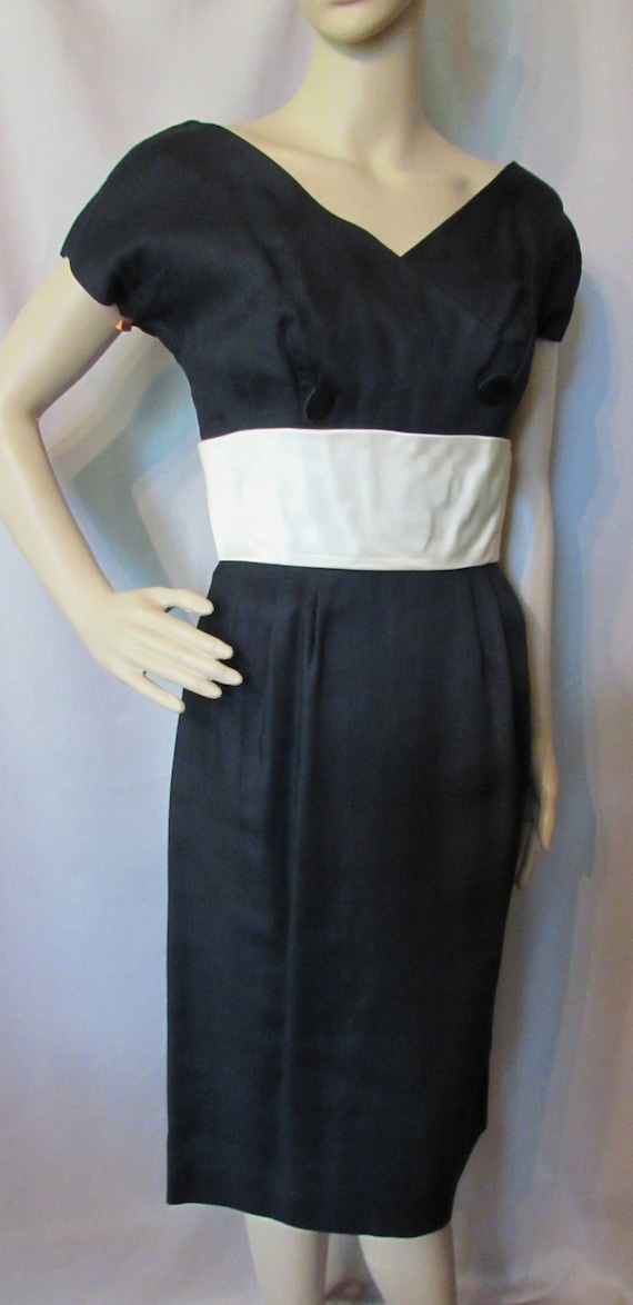 little black dress cream Little Black Dress Summer Evening Dress Cream Cummerbund Misses Size Eight  Wedding Guest Dress Vintage Clothing V Neck Dress Ladies Dress
