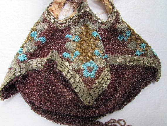 Antique Beaded Bag Pouch Style Purse Aubergine Be… - image 3