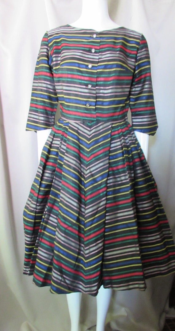 SALE Vintage Dress 1950 Era Striped Taffeta Cockta