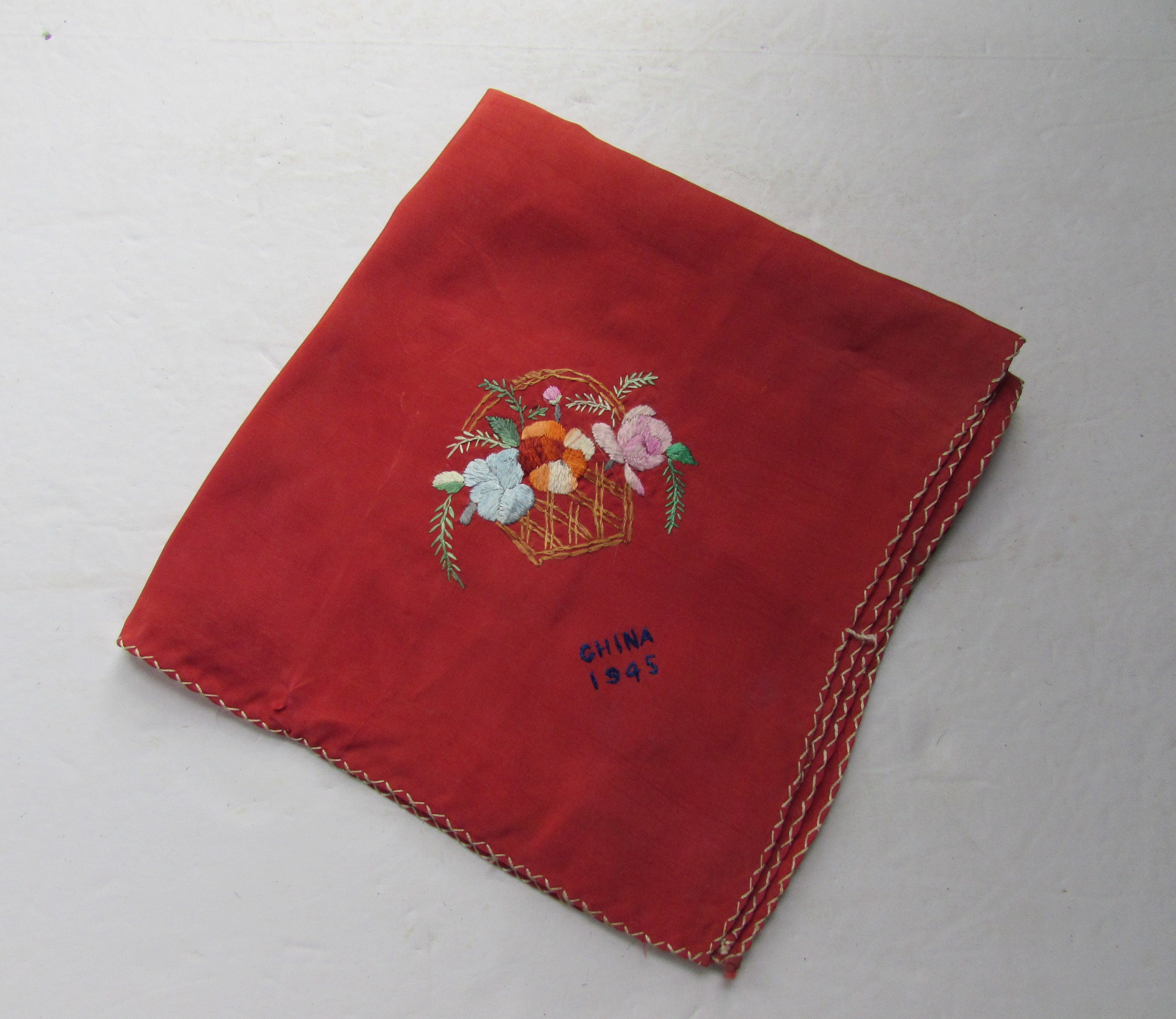 小物 1900s Hand Embroidery Handkerchief 8156🌟PREMIUM Vintage Swiss Floral Shiny Bridal Blue